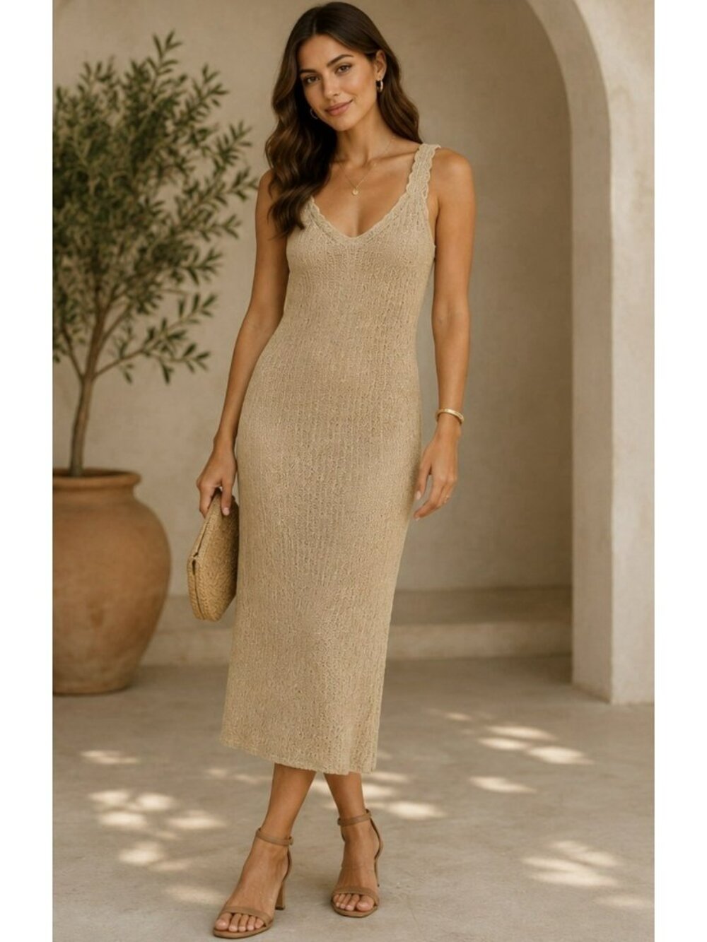 Lost + Wander Floral Knit Embroidered Midi Dress Size S/M Beige Lined Boho $118